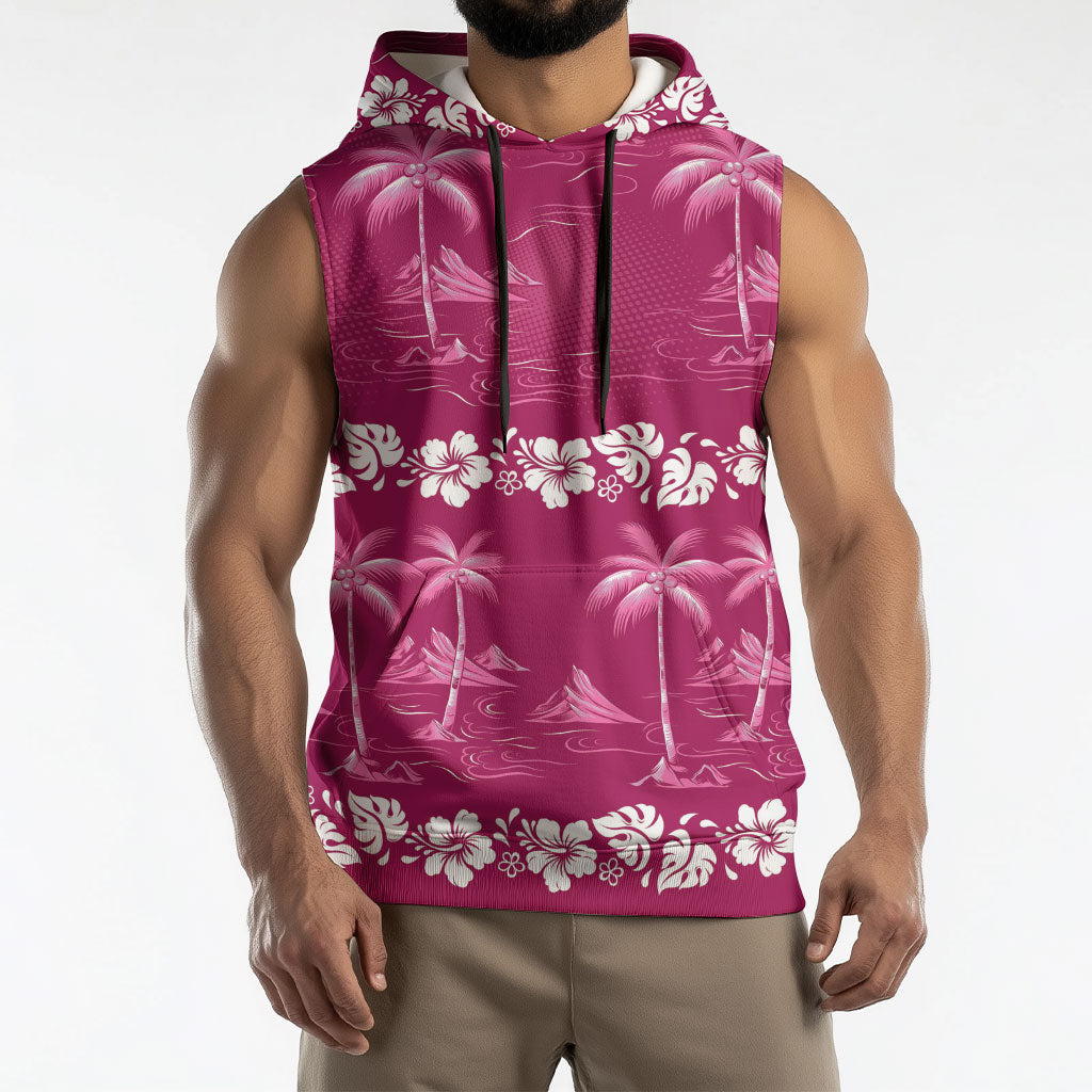Pink Hawaii Palm Tree Hibiscus Sleeveless Hoodie Fantasy Summer Vibe