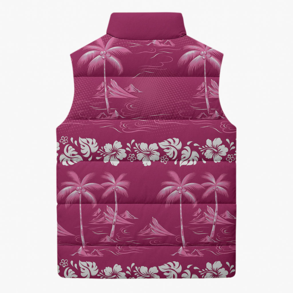 Pink Hawaii Palm Tree Hibiscus Sleeveless Puffer Jacket Fantasy Summer Vibe