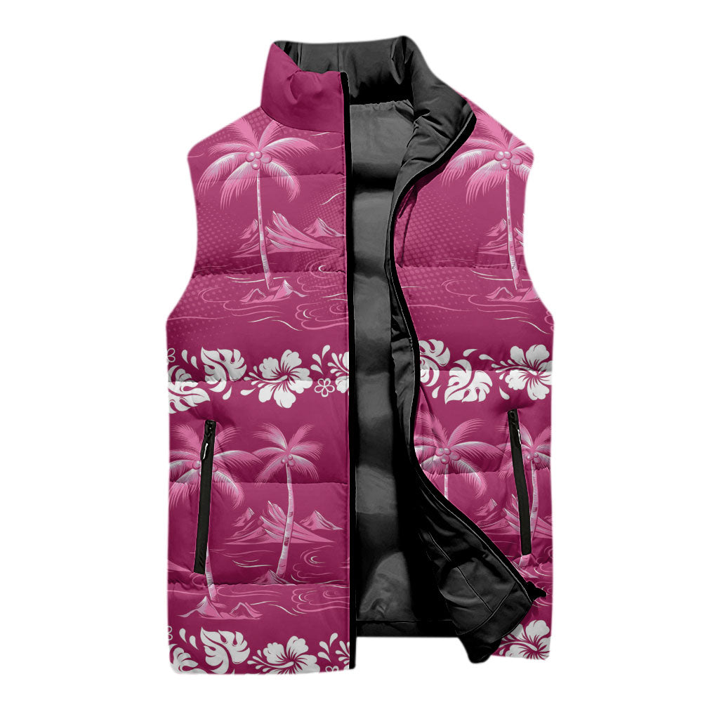 Pink Hawaii Palm Tree Hibiscus Sleeveless Puffer Jacket Fantasy Summer Vibe