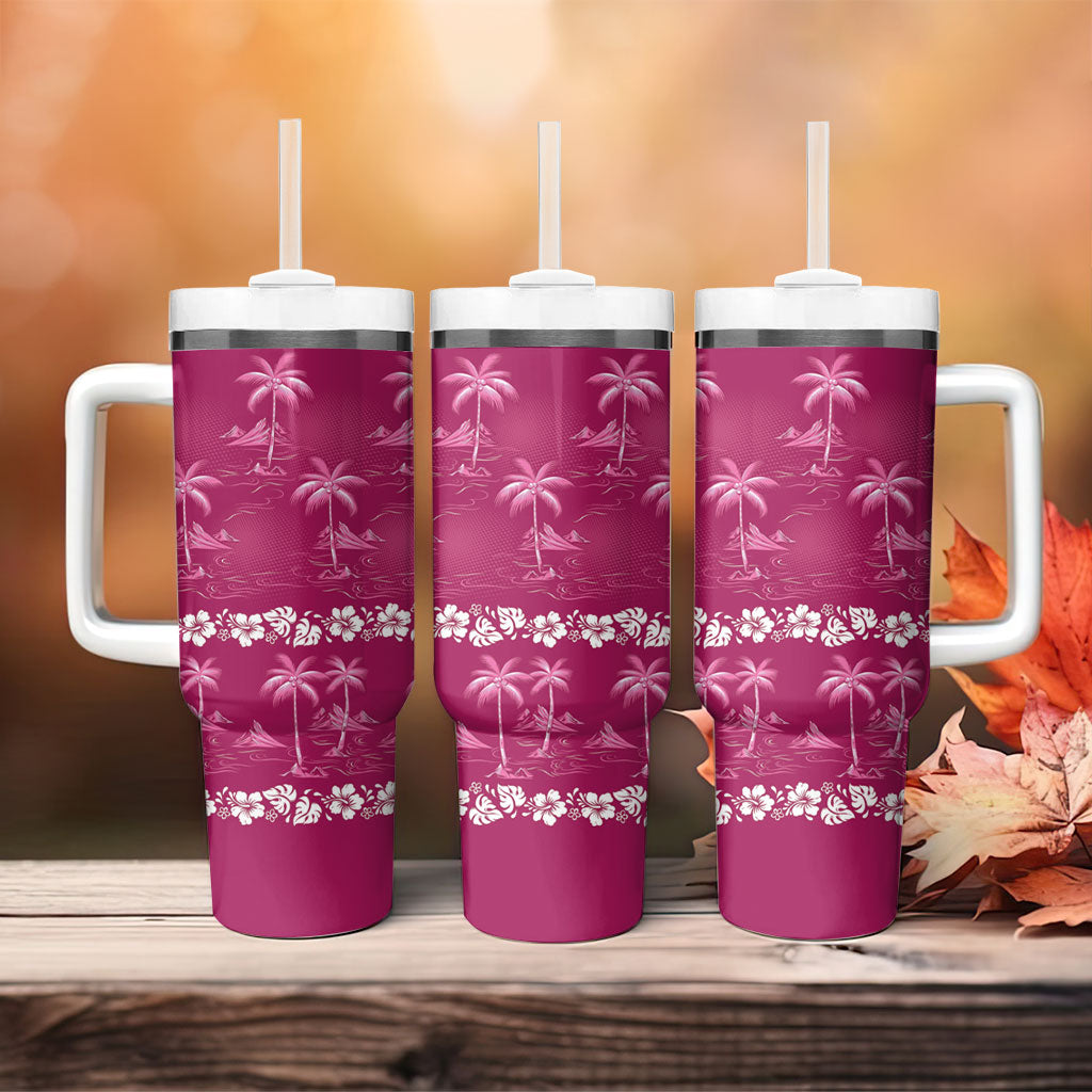 Pink Hawaii Palm Tree Hibiscus Tumbler With Handle Fantasy Summer Vibe
