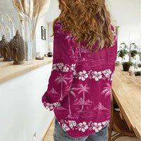 Pink Hawaii Palm Tree Hibiscus Women Casual Shirt Fantasy Summer Vibe