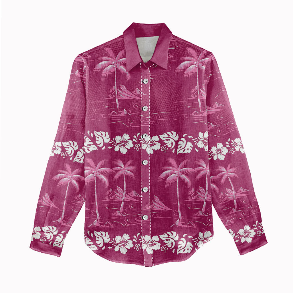 Pink Hawaii Palm Tree Hibiscus Women Casual Shirt Fantasy Summer Vibe