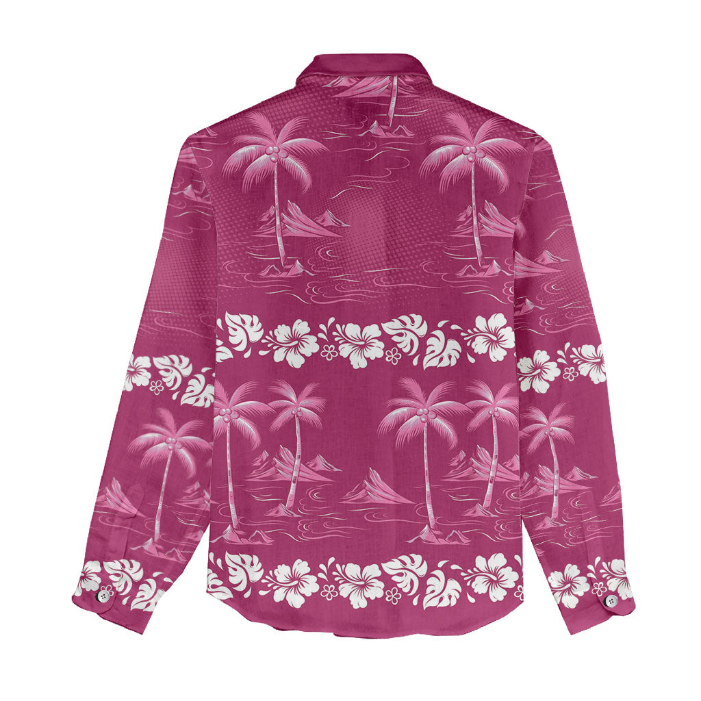 Pink Hawaii Palm Tree Hibiscus Women Casual Shirt Fantasy Summer Vibe