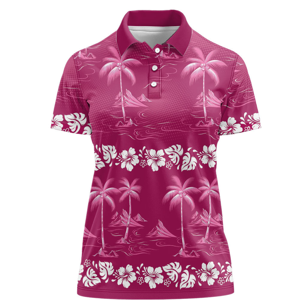 Pink Hawaii Palm Tree Hibiscus Women Polo Shirt Fantasy Summer Vibe