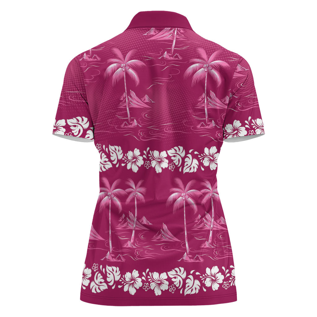 Pink Hawaii Palm Tree Hibiscus Women Polo Shirt Fantasy Summer Vibe