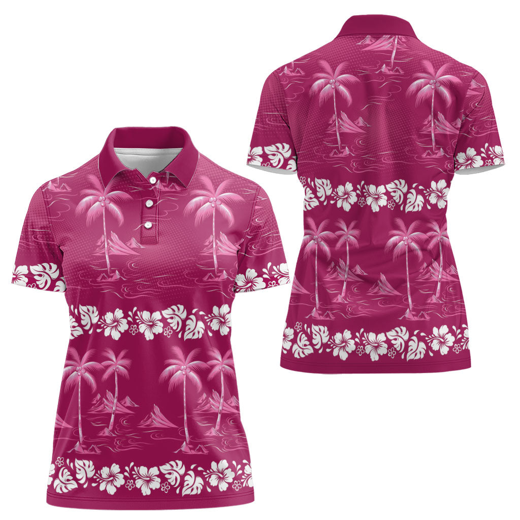 Pink Hawaii Palm Tree Hibiscus Women Polo Shirt Fantasy Summer Vibe