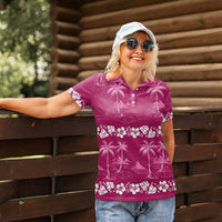 Pink Hawaii Palm Tree Hibiscus Women Polo Shirt Fantasy Summer Vibe
