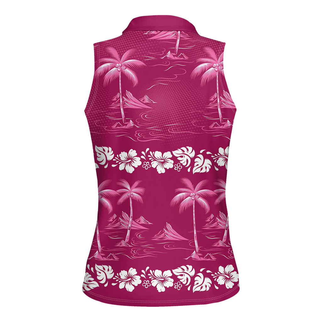 Pink Hawaii Palm Tree Hibiscus Women Sleeveless Polo Shirt Fantasy Summer Vibe
