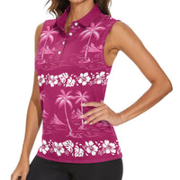 Pink Hawaii Palm Tree Hibiscus Women Sleeveless Polo Shirt Fantasy Summer Vibe