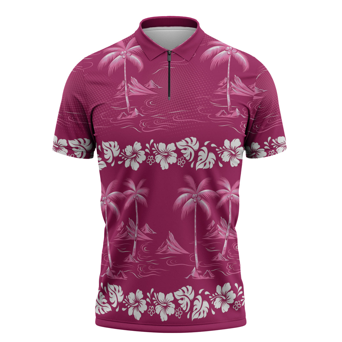 Pink Hawaii Palm Tree Hibiscus Zipper Polo Shirt Fantasy Summer Vibe