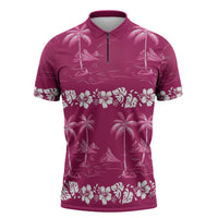 Pink Hawaii Palm Tree Hibiscus Zipper Polo Shirt Fantasy Summer Vibe