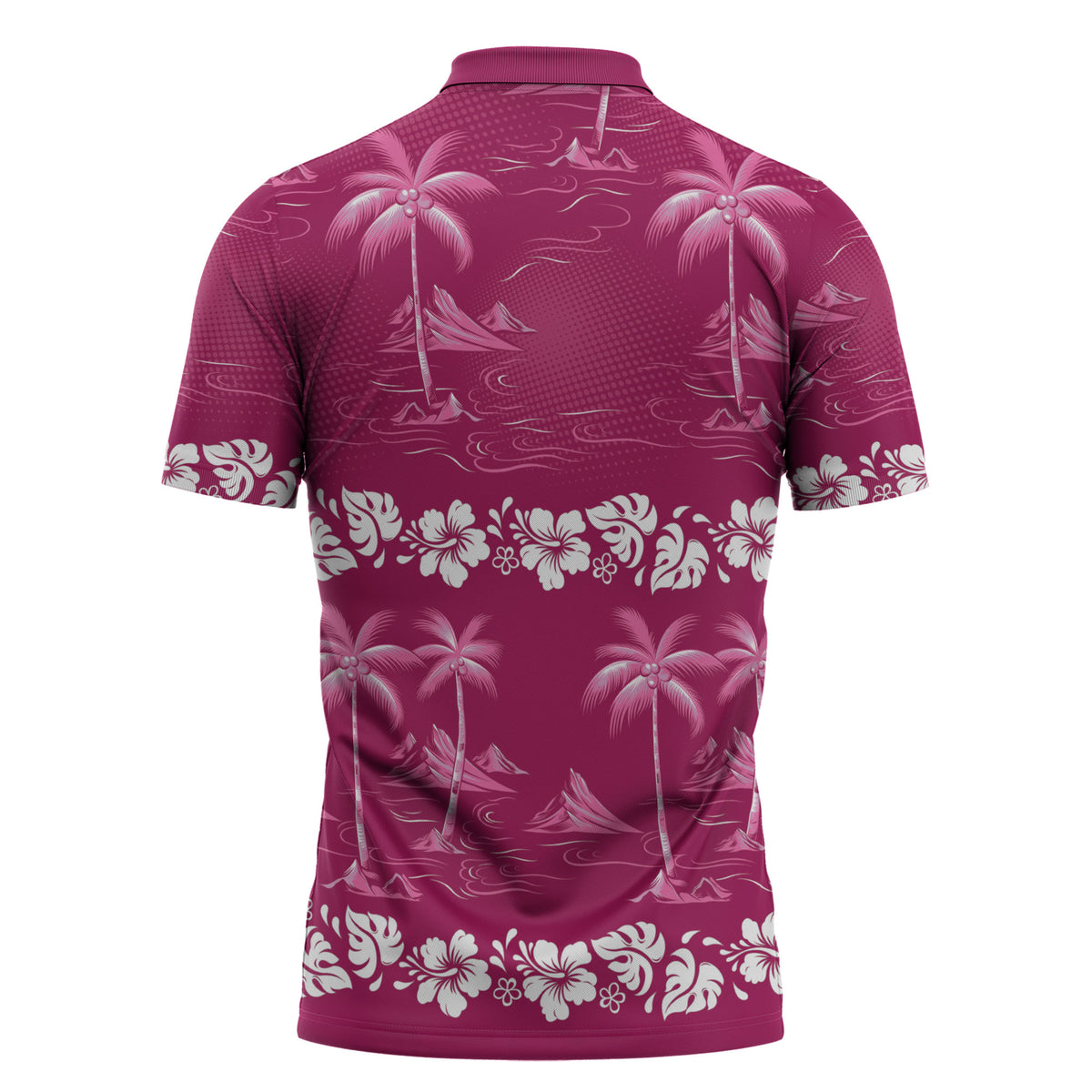 Pink Hawaii Palm Tree Hibiscus Zipper Polo Shirt Fantasy Summer Vibe