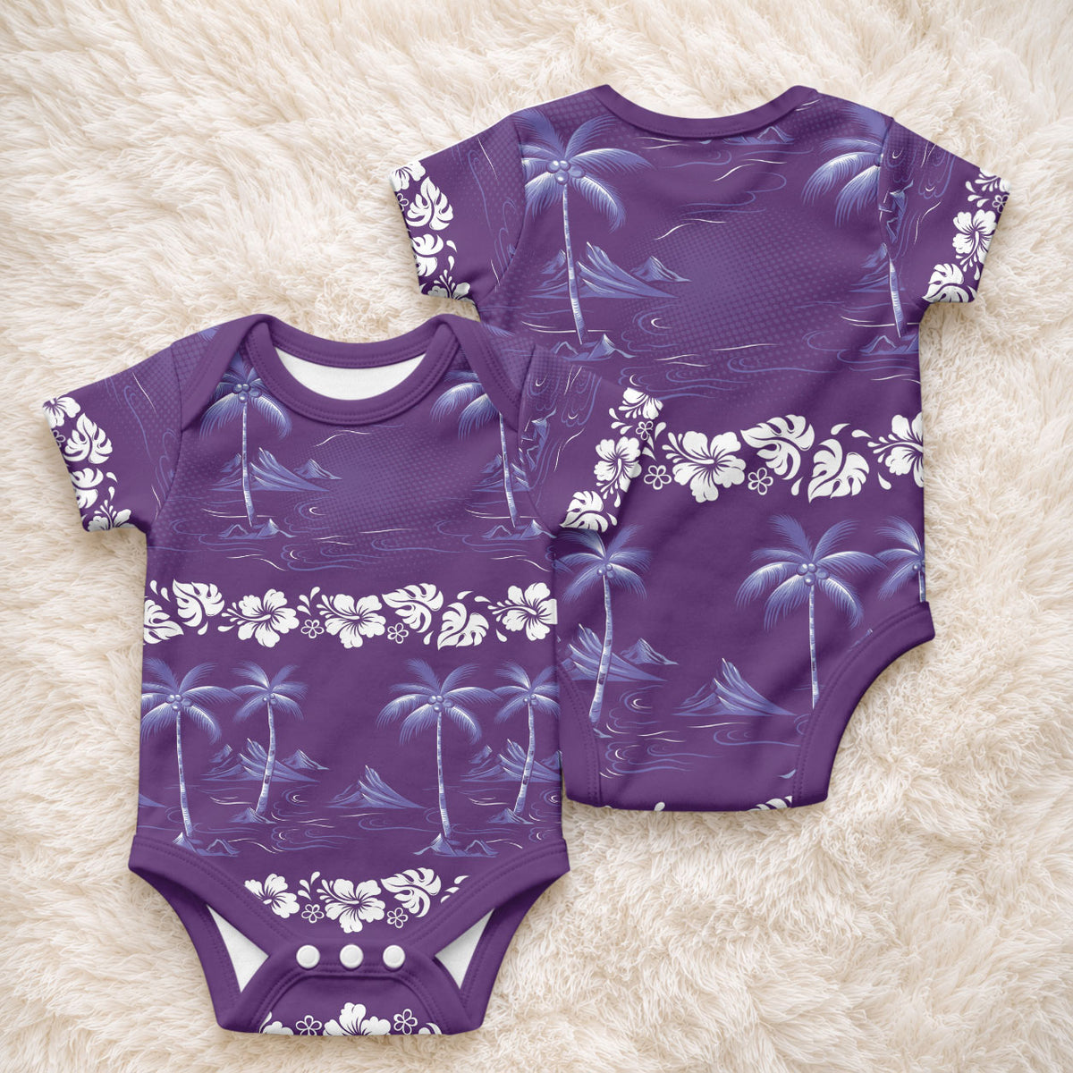 Purple Hawaii Palm Tree Hibiscus Baby Onesie Fantasy Summer Vibe