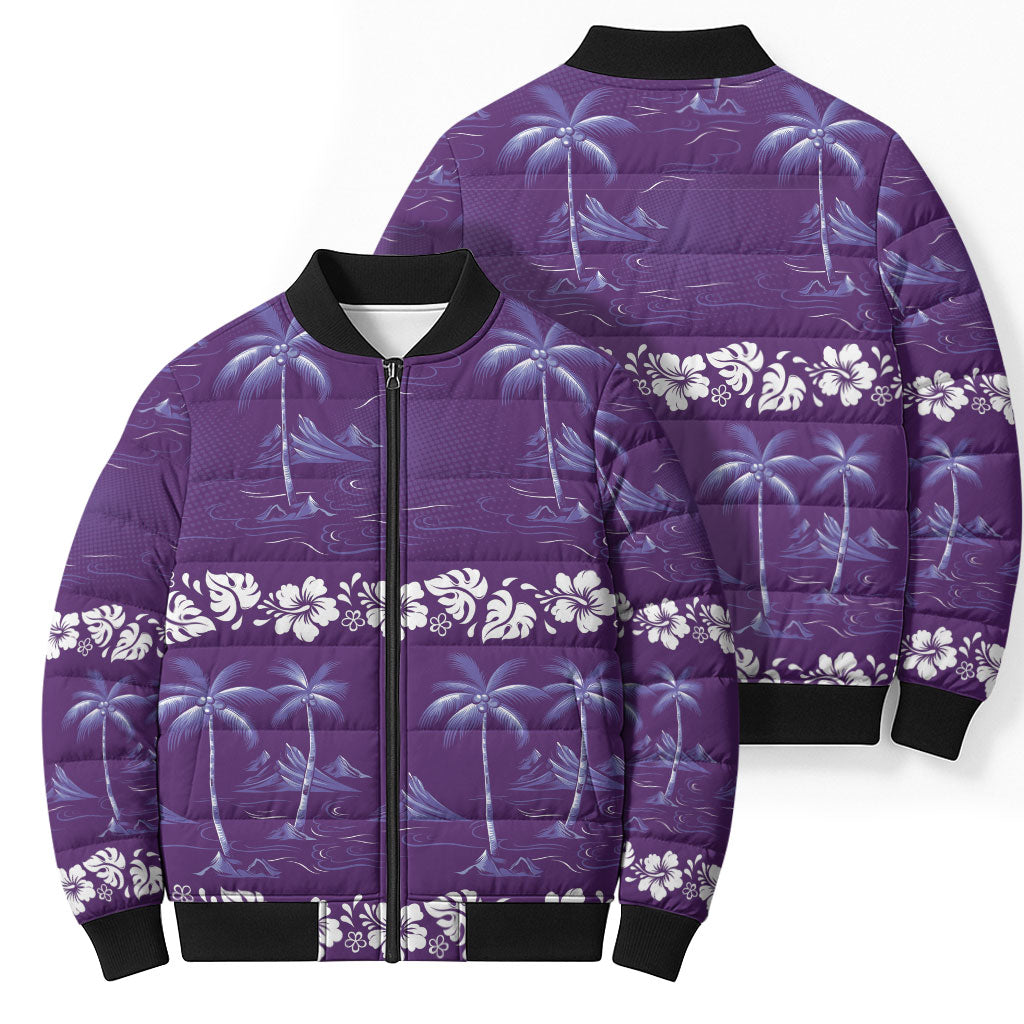 Purple Hawaii Palm Tree Hibiscus Bomber Puffer Jacket Fantasy Summer Vibe