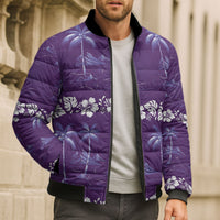 Purple Hawaii Palm Tree Hibiscus Bomber Puffer Jacket Fantasy Summer Vibe