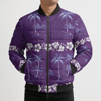 Purple Hawaii Palm Tree Hibiscus Bomber Puffer Jacket Fantasy Summer Vibe