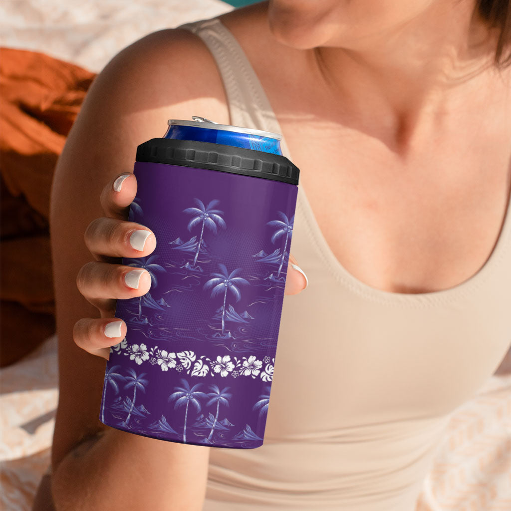 Purple Hawaii Palm Tree Hibiscus 4 in 1 Can Cooler Tumbler Fantasy Summer Vibe
