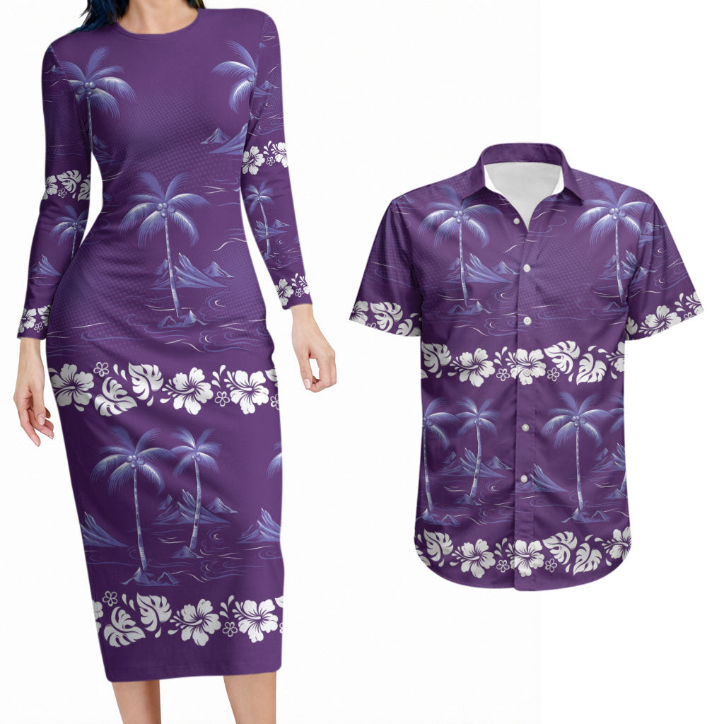 Purple Hawaii Palm Tree Hibiscus Couples Matching Long Sleeve Bodycon Dress and Hawaiian Shirt Fantasy Summer Vibe LT01 Purple - Polynesian Pride