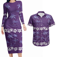 Purple Hawaii Palm Tree Hibiscus Couples Matching Long Sleeve Bodycon Dress and Hawaiian Shirt Fantasy Summer Vibe