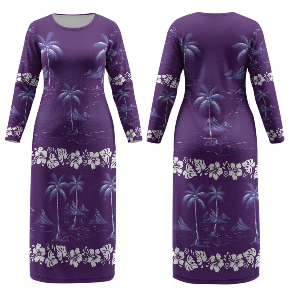 Purple Hawaii Palm Tree Hibiscus Couples Matching Long Sleeve Bodycon Dress and Hawaiian Shirt Fantasy Summer Vibe