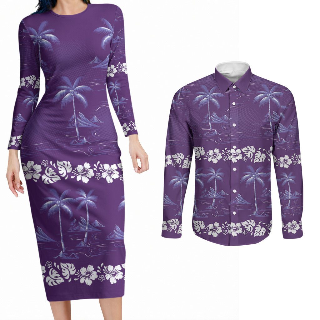 Purple Hawaii Palm Tree Hibiscus Couples Matching Long Sleeve Bodycon Dress and Long Sleeve Button Shirt Fantasy Summer Vibe