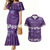 Purple Hawaii Palm Tree Hibiscus Couples Matching Mermaid Dress and Hawaiian Shirt Fantasy Summer Vibe