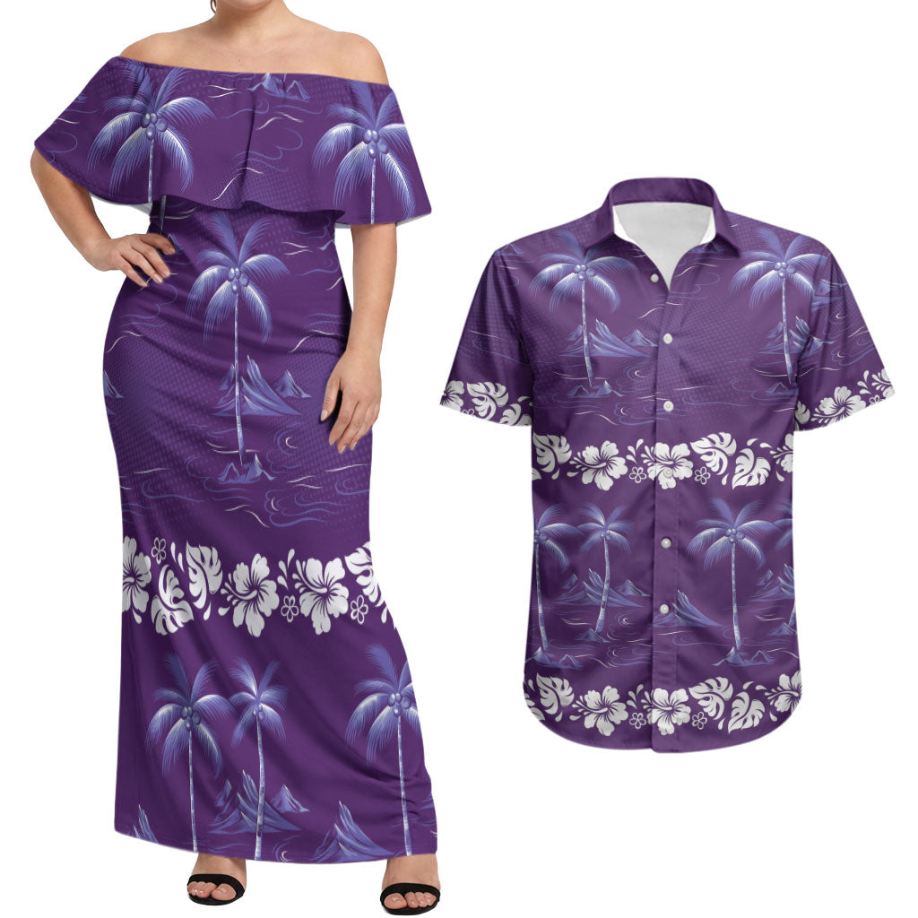 Purple Hawaii Palm Tree Hibiscus Couples Matching Off Shoulder Maxi Dress and Hawaiian Shirt Fantasy Summer Vibe