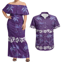 Purple Hawaii Palm Tree Hibiscus Couples Matching Off Shoulder Maxi Dress and Hawaiian Shirt Fantasy Summer Vibe