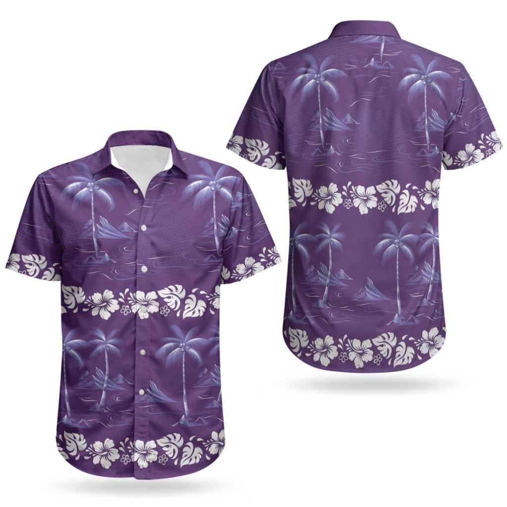 Purple Hawaii Palm Tree Hibiscus Couples Matching Off Shoulder Maxi Dress and Hawaiian Shirt Fantasy Summer Vibe