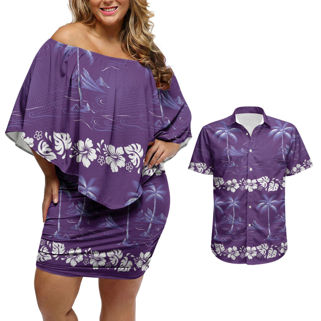 Purple Hawaii Palm Tree Hibiscus Couples Matching Off Shoulder Short Dress and Hawaiian Shirt Fantasy Summer Vibe