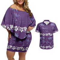 Purple Hawaii Palm Tree Hibiscus Couples Matching Off Shoulder Short Dress and Hawaiian Shirt Fantasy Summer Vibe