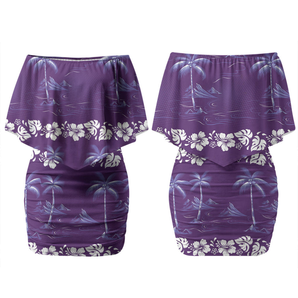 Purple Hawaii Palm Tree Hibiscus Couples Matching Off Shoulder Short Dress and Hawaiian Shirt Fantasy Summer Vibe