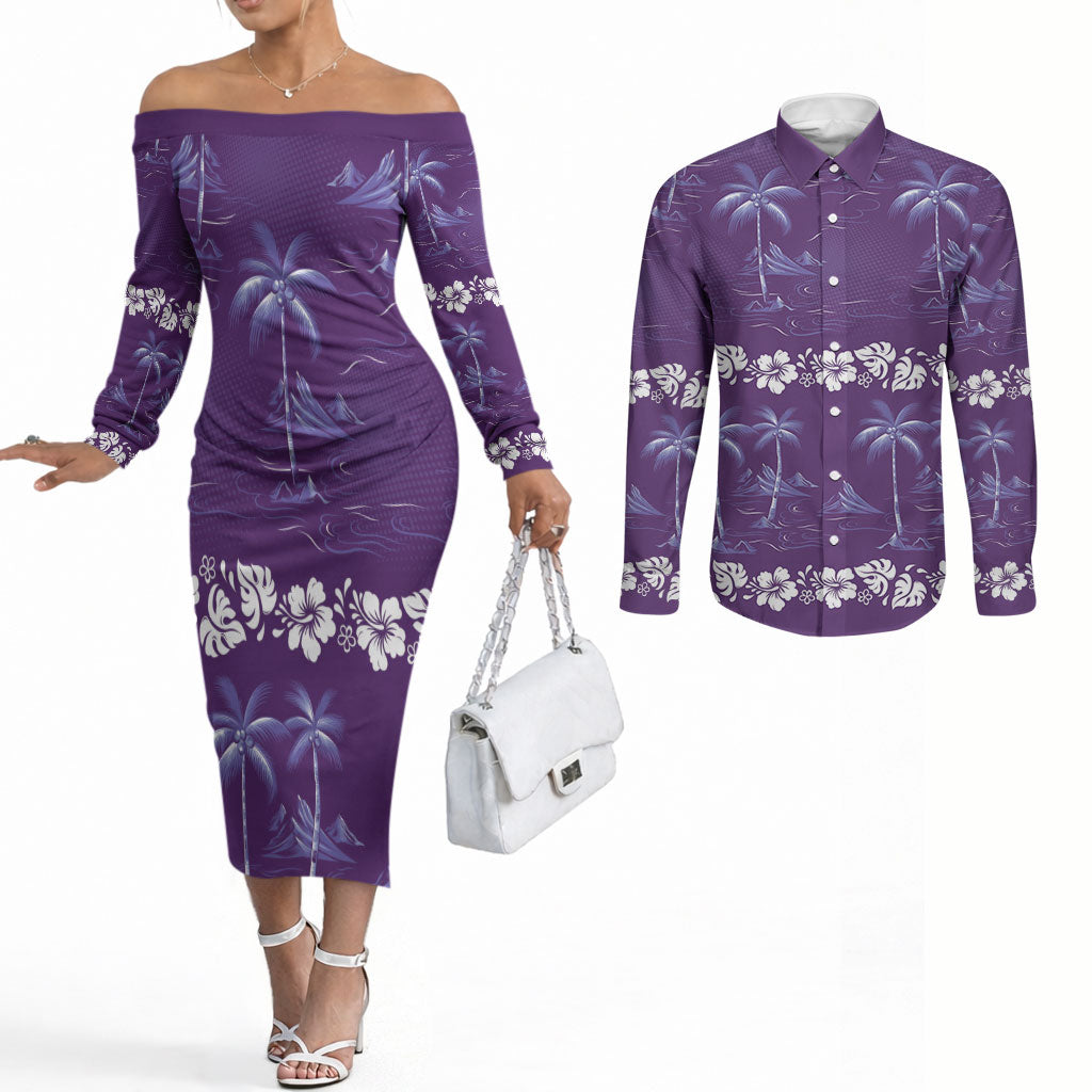Purple Hawaii Palm Tree Hibiscus Couples Matching Off The Shoulder Long Sleeve Dress and Long Sleeve Button Shirt Fantasy Summer Vibe