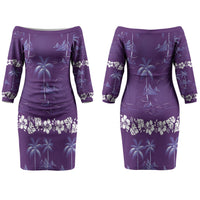 Purple Hawaii Palm Tree Hibiscus Couples Matching Off The Shoulder Long Sleeve Dress and Long Sleeve Button Shirt Fantasy Summer Vibe