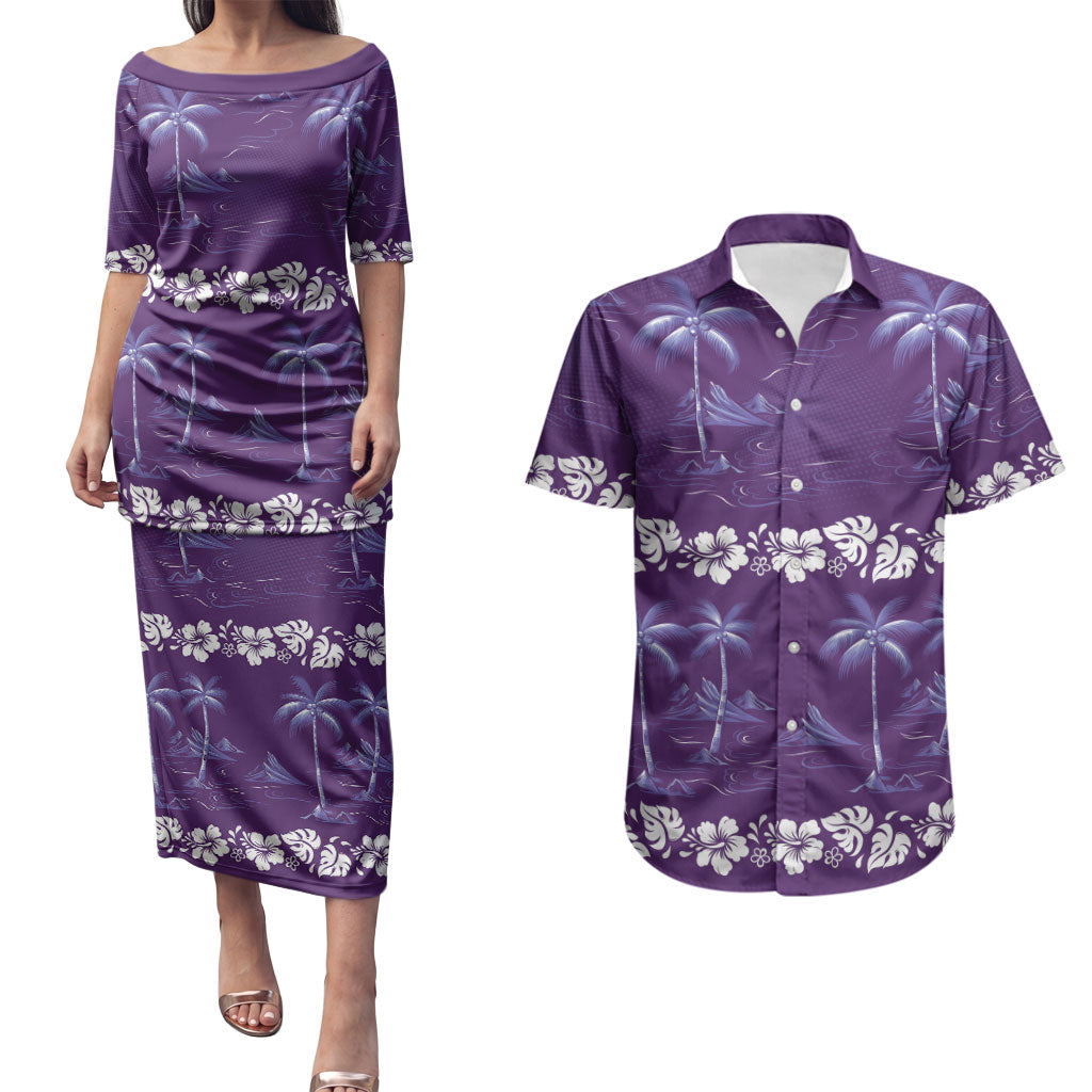 Purple Hawaii Palm Tree Hibiscus Couples Matching Puletasi and Hawaiian Shirt Fantasy Summer Vibe