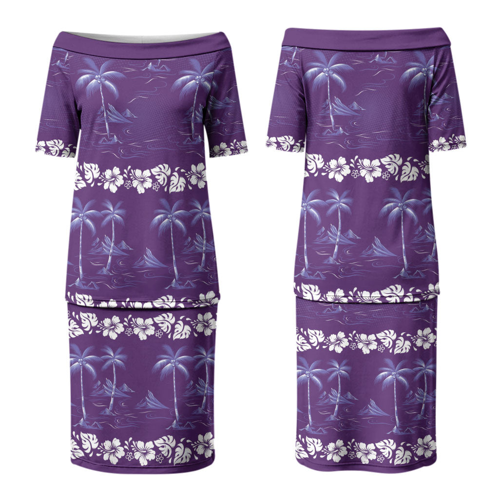 Purple Hawaii Palm Tree Hibiscus Couples Matching Puletasi and Hawaiian Shirt Fantasy Summer Vibe