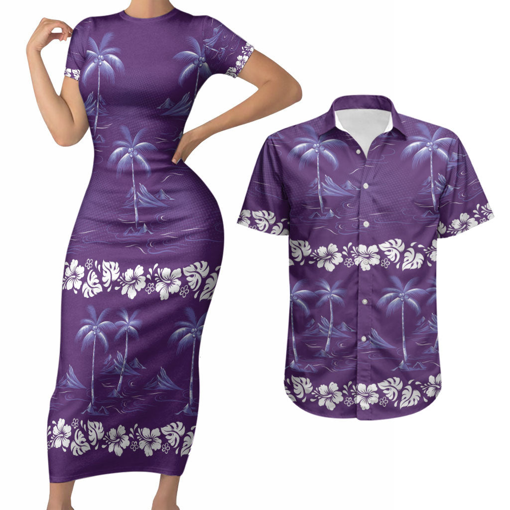 Purple Hawaii Palm Tree Hibiscus Couples Matching Short Sleeve Bodycon Dress and Hawaiian Shirt Fantasy Summer Vibe LT01 Purple - Polynesian Pride