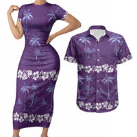 Purple Hawaii Palm Tree Hibiscus Couples Matching Short Sleeve Bodycon Dress and Hawaiian Shirt Fantasy Summer Vibe