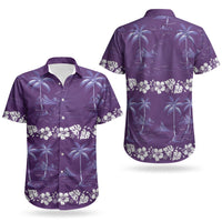 Purple Hawaii Palm Tree Hibiscus Couples Matching Short Sleeve Bodycon Dress and Hawaiian Shirt Fantasy Summer Vibe