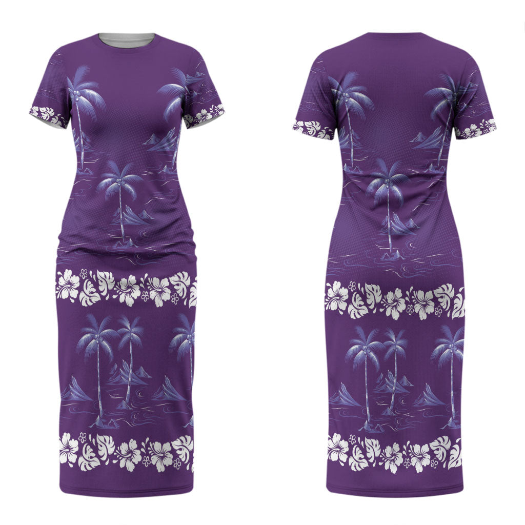 Purple Hawaii Palm Tree Hibiscus Couples Matching Short Sleeve Bodycon Dress and Hawaiian Shirt Fantasy Summer Vibe