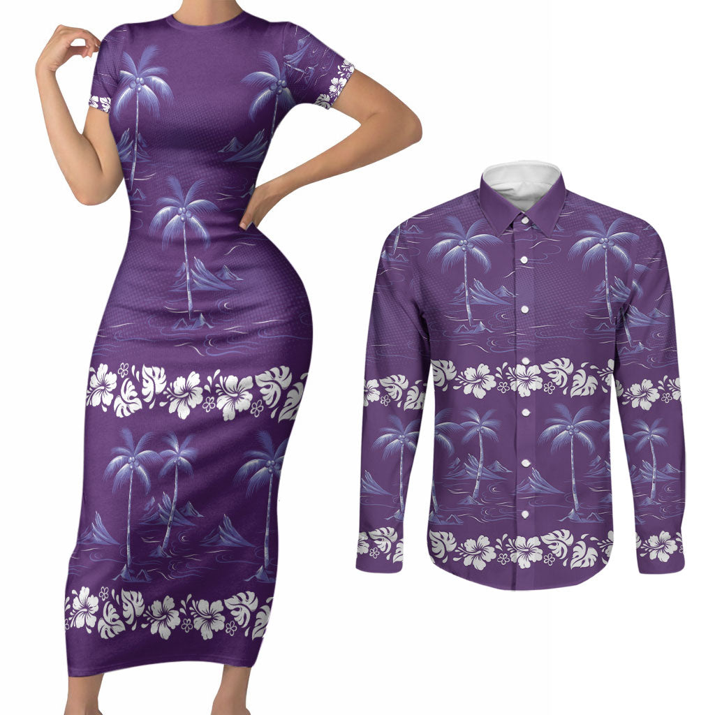 Purple Hawaii Palm Tree Hibiscus Couples Matching Short Sleeve Bodycon Dress and Long Sleeve Button Shirt Fantasy Summer Vibe