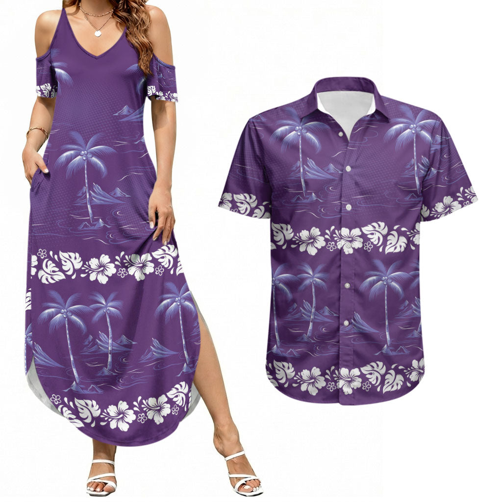 Purple Hawaii Palm Tree Hibiscus Couples Matching Summer Maxi Dress and Hawaiian Shirt Fantasy Summer Vibe