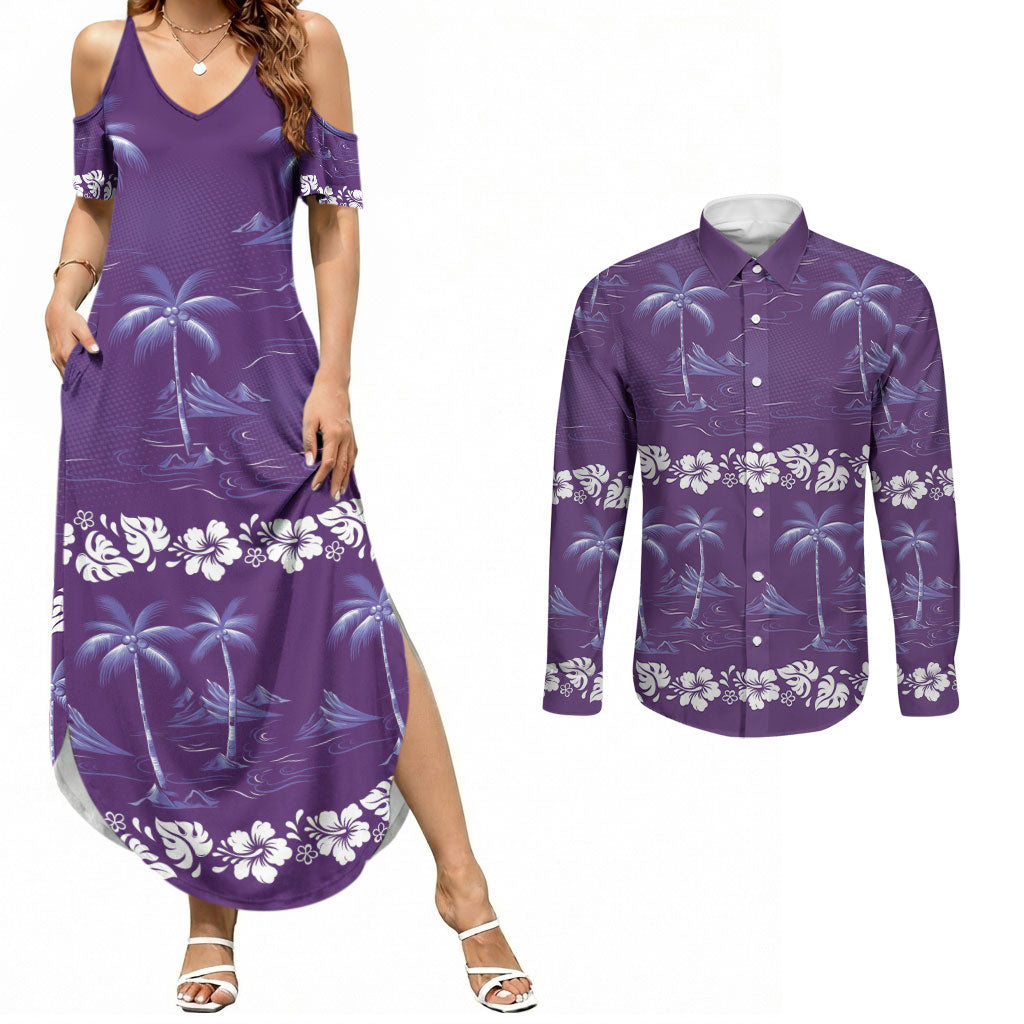 Purple Hawaii Palm Tree Hibiscus Couples Matching Summer Maxi Dress and Long Sleeve Button Shirt Fantasy Summer Vibe LT01 Purple - Polynesian Pride