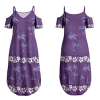 Purple Hawaii Palm Tree Hibiscus Couples Matching Summer Maxi Dress and Long Sleeve Button Shirt Fantasy Summer Vibe