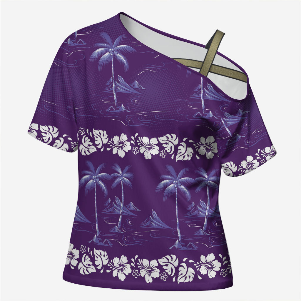 Purple Hawaii Palm Tree Hibiscus Cross Shoulder Shirt Fantasy Summer Vibe