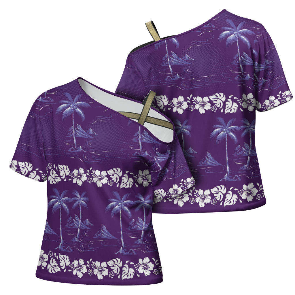 Purple Hawaii Palm Tree Hibiscus Cross Shoulder Shirt Fantasy Summer Vibe