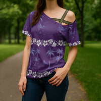 Purple Hawaii Palm Tree Hibiscus Cross Shoulder Shirt Fantasy Summer Vibe