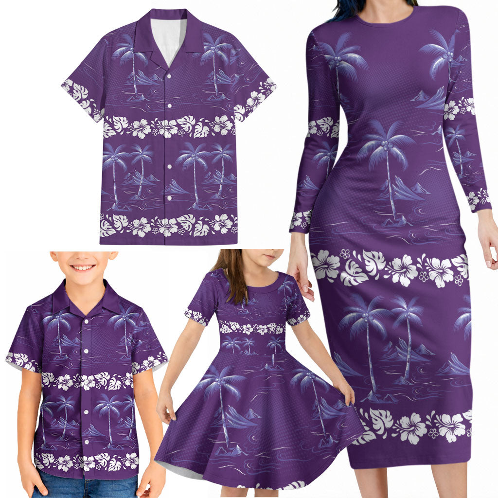 Purple Hawaii Palm Tree Hibiscus Family Matching Long Sleeve Bodycon Dress and Hawaiian Shirt Fantasy Summer Vibe