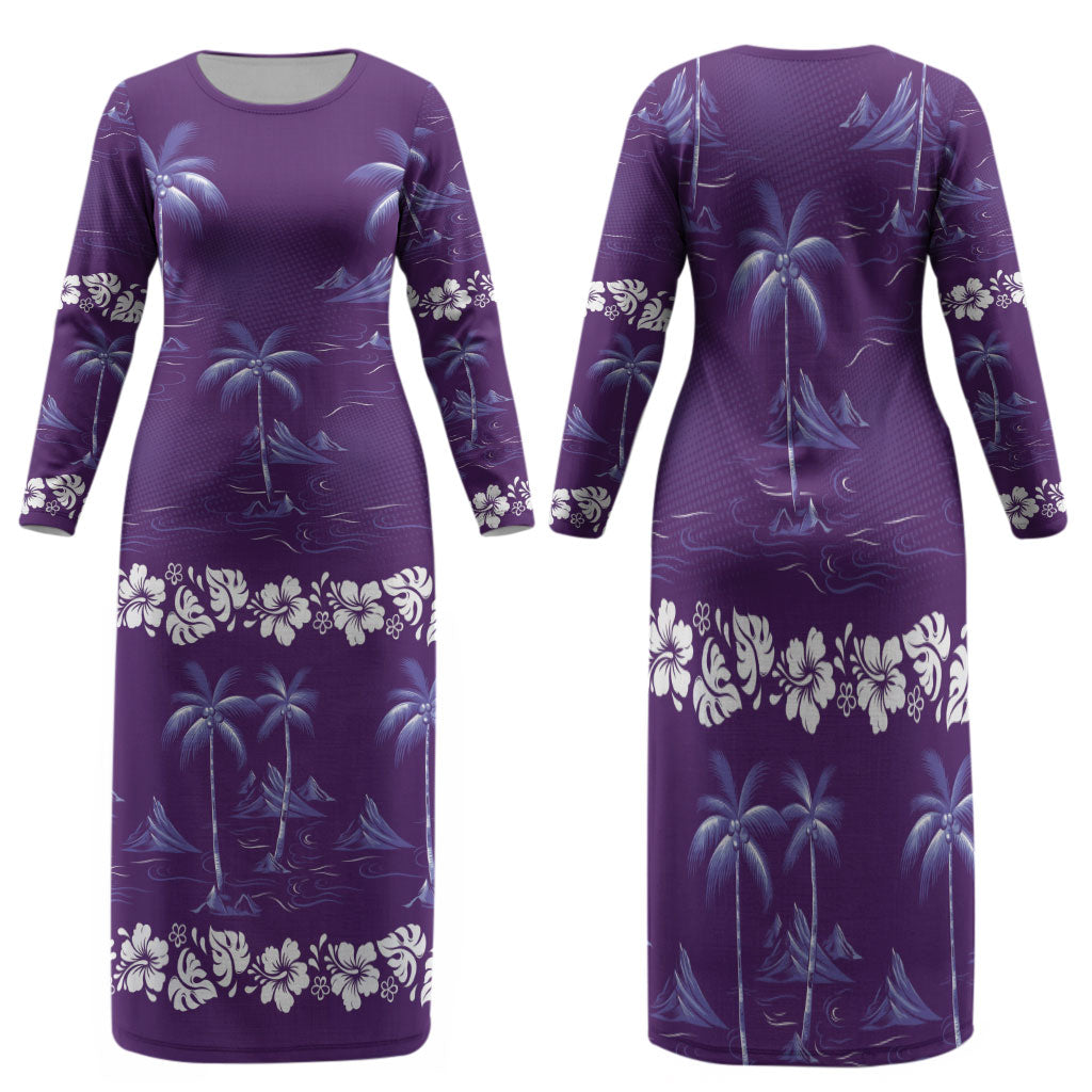 Purple Hawaii Palm Tree Hibiscus Family Matching Long Sleeve Bodycon Dress and Hawaiian Shirt Fantasy Summer Vibe
