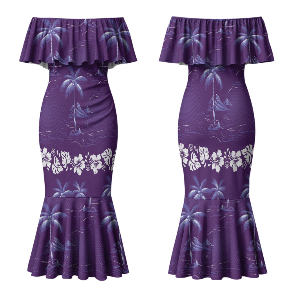 Purple Hawaii Palm Tree Hibiscus Family Matching Mermaid Dress and Hawaiian Shirt Fantasy Summer Vibe